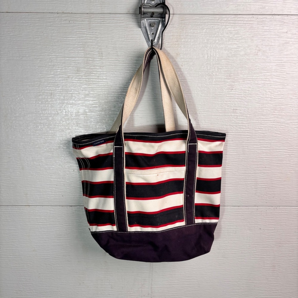 Lands End Canvas Striped Boat Tote Navy Red Cream Preppy Shoulder Bag